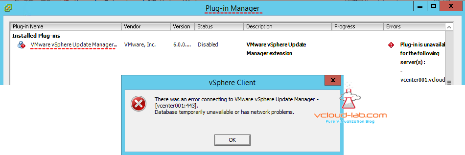 vcenter vsphere update manager connecting error, database temporarily unavailable